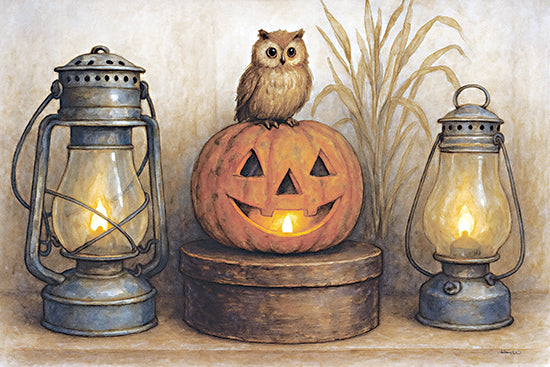 Anthony Smith ANT242 - ANT242 - Who-o-o's There - 18x12 owl on jack-o-lantern, lanterns, Halloween lights, autumn decor, rustic scene, glowing candles, pumpkin face, spooky fall from Penny Lane