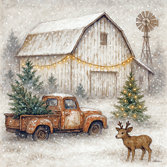Anthony Smith ANT245 - ANT245 - Christmas is in the Air - 12x12 rustic barn with windmill, snowy Christmas tree, vintage red truck, holiday lights, snowfall, country setting, reindeer, pine trees from Penny Lane