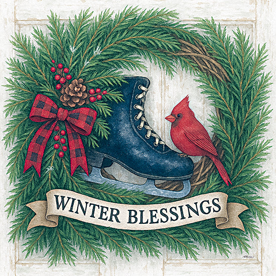 Anthony Smith ANT246 - ANT246 - Winter Blessings Wreath - 12x12 evergreen wreath, red cardinal bird, ice skate, plaid bow, pinecones, berries, winter blessings message, rustic decor from Penny Lane