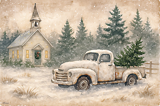 Anthony Smith ANT253 - ANT253 - Winter Chapel - 18x12 vintage white truck, Christmas tree, snowy forest, rustic chapel, winter scene, snow falling, rural holiday, countryside church from Penny Lane
