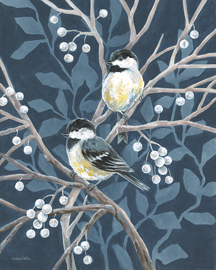 Diane Kater ART1360 - ART1360 - Chickadees and Berries - 12x16 chickadee birds, winter branches, white berries, blue background, nature scene, winter wildlife from Penny Lane