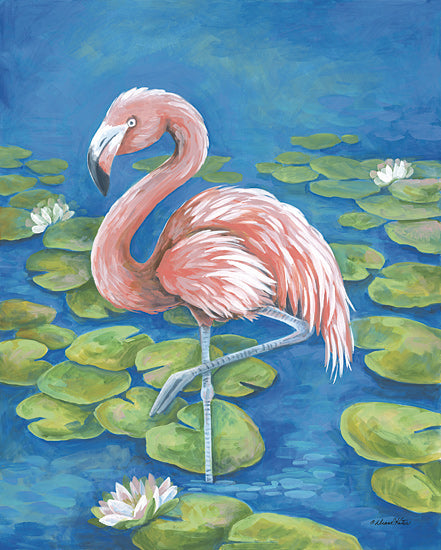 Diane Kater ART1368 - ART1368 - Tropical Flamingo - 12x16 Pink flamingo, tropical water lilies, aquatic animal, summer vibes, vibrant blue water, lily pads, hand-painted flamingo, nature scene from Penny Lane