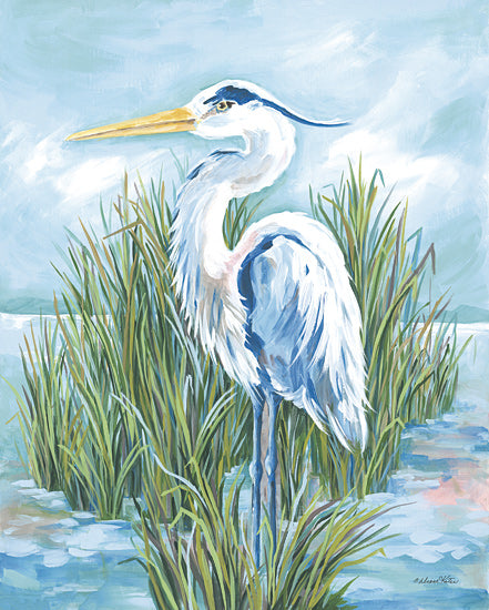 Diane Kater ART1370 - ART1370 - Coastal Heron - 12x16 Heron in marsh, wading bird, aquatic scene, wetland nature, coastal wildlife, long-legged bird, pastel water art, peaceful landscape from Penny Lane