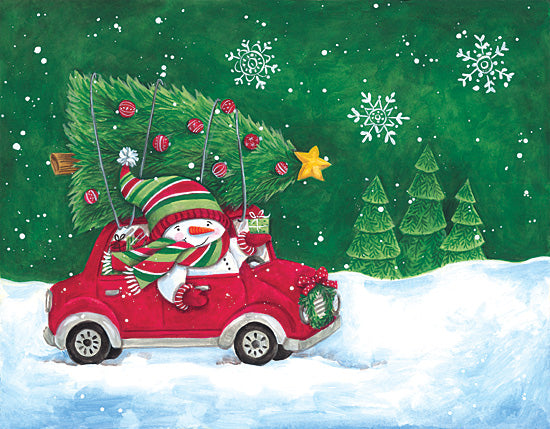 Diane Kater ART1386 - ART1386 - Bringing Home the Christmas Tree - 16x12 snowman driving car, Christmas tree on roof, red car, holiday gifts, snowy background, green forest, festive journey from Penny Lane