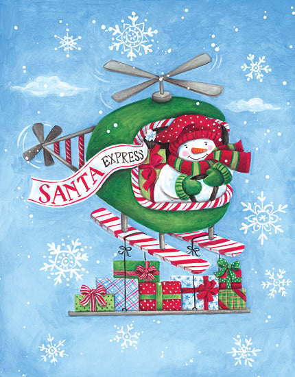 Diane Kater ART1388 - ART1388 - Christmas Helicopter - 12x16 snowman in helicopter, Santa express, flying gifts, peppermint candy stripes, snowy sky, blue background, whimsical flight from Penny Lane