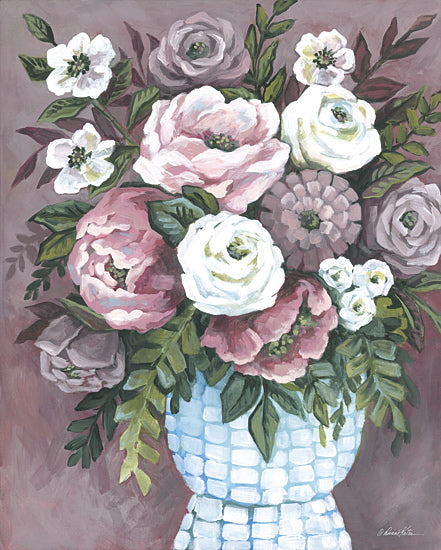 Diane Kater ART1393 - ART1393 - Mauve Medley Bouquet - 12x16 flower bouquet, pink and white peonies, purple background, vase arrangement, romantic flowers, detailed petals from Penny Lane