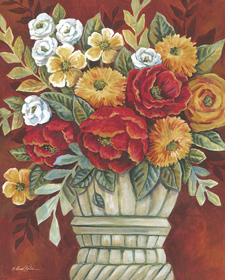 Diane Kater ART1401 - ART1401 - Garden Jewels - 12x16 autumn bouquet, red and yellow flowers, warm color palette, seasonal decor, fall floral, painterly texture, rustic vase from Penny Lane