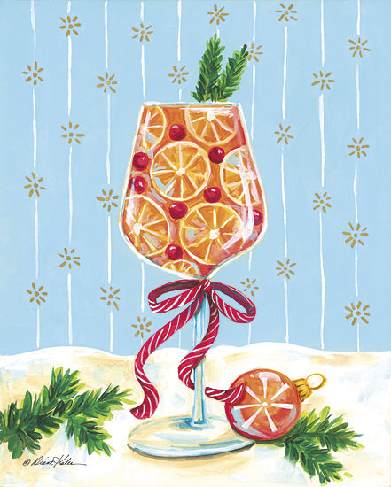 Diane Kater ART1407 - ART1407 - Cheers to the Season! - 12x16 holiday cocktail, citrus slices, cranberries, Christmas drink, festive glass, candy cane ribbon, ornament, winter greenery, holiday celebration, mint and orange color scheme, modern Christmas art, seasonal drink, festive still life, painterly design from Penny Lane