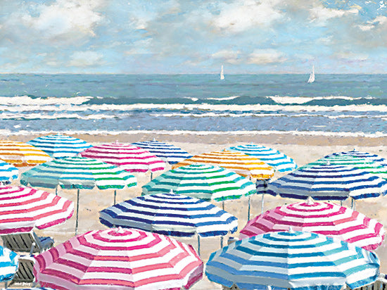 Amber Sterling AS334 - AS334 - Seaside Sunny Day - 16x12 striped umbrellas on beach, summer scene, vibrant seaside, turquoise ocean, pastel parasols, relaxing coast day from Penny Lane