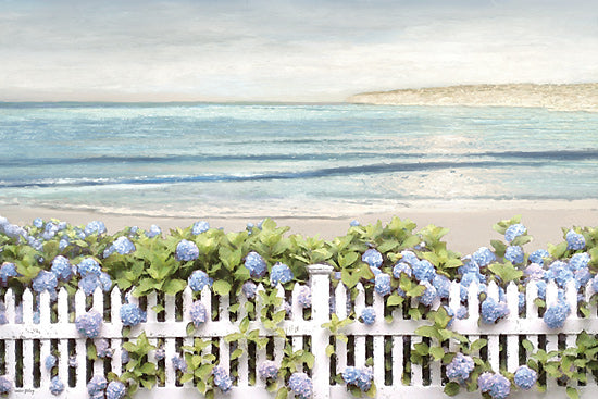 Amber Sterling AS369 - AS369 - Blooming Boundaries - 18x12 hydrangeas, white picket fence, beach, ocean, floral fence, seaside blooms, romantic setting, blue flowers, peaceful coast from Penny Lane