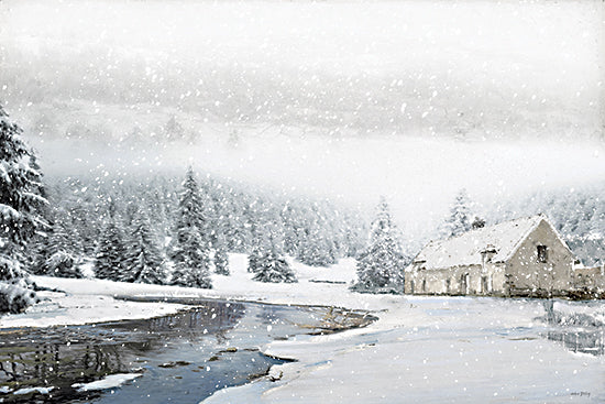 Amber Sterling AS467 - AS467 - Frozen Stream - 18x12 snowy cabin, winter landscape, pine trees, snowfall, river, serene scene, cold weather, forest background from Penny Lane