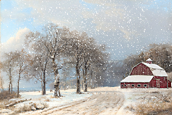 Amber Sterling AS470 - AS470 - Crimson Contrast - 18x12 red barn, snow-covered path, bare trees, snowy landscape, farm in winter, dramatic sky, rural setting from Penny Lane