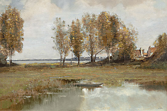 Amber Sterling AS476 - AS476 - A Peaceful Spot - 18x12 quiet riverbank, fall season, leafless trees, calm water reflection, rustic house, distant countryside, landscape oil painting, moody sky from Penny Lane