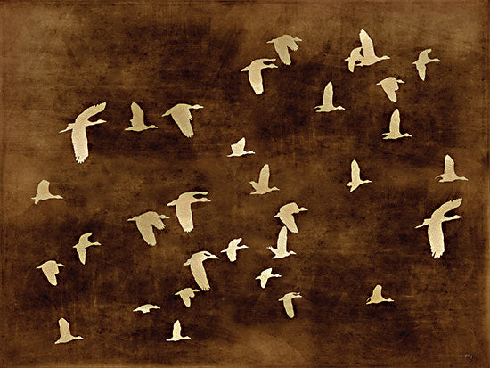 Amber Sterling AS485 - AS485 - Golden Ducks - 16x12 golden bird silhouettes, brown background, flocks in motion, autumn migration, minimalism, painterly texture, avian movement from Penny Lane