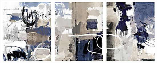 Amber Sterling AS486 - AS486 - Urban Echoes - 20x8 triptych, abstract expressionism, neutral tones, navy blue, white lines, modern decor, textured layers, gestural strokes from Penny Lane