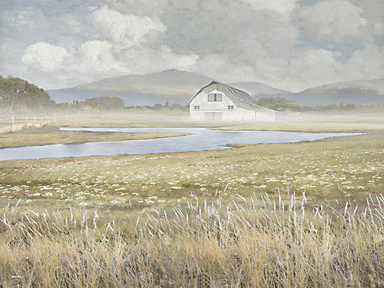 Amber Sterling AS528 - AS528 - The Barn's Quiet Witness - 16x12 white barn, pond, meadow, daisies, mountains, mist, farmhouse, rural landscape, country, peaceful from Penny Lane
