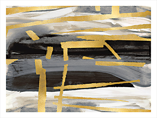 Amber Sterling AS542 - AS542 - Resonance in Stillness - 16x12 abstract geometric, gold metallic accents, black and white, modern minimalism, bold brush strokes, textured composition, decorative abstract art from Penny Lane