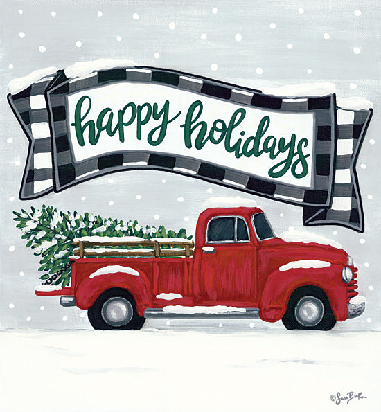 Sara Baker BAKE146 - BAKE146 - Happy Holidays Red Truck  - 12x12 Red vintage truck with Christmas tree, snow, winter scene, 'Happy Holidays' banner, retro holiday card, festive, whimsical from Penny Lane