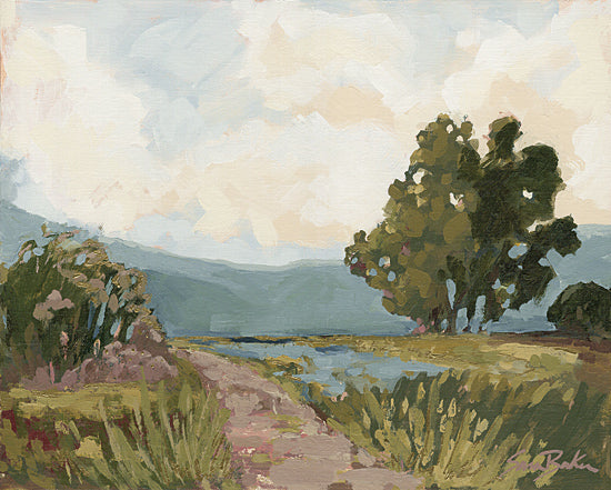 Sara Baker BAKE345 - BAKE345 - Around That Bend - 16x12 Lifeguard hut, beach shack, palm trees, surfboard, tropical scenery, ocean waves, summer, pastel tones, coastal vibes from Penny Lane