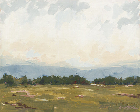 Sara Baker BAKE346 - BAKE346 - A Welcome Breath - 16x12 open field, grassy plains, horizon line, abstract clouds, broad strokes, colorful brushwork, warm sky from Penny Lane