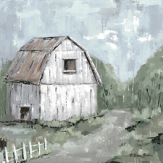Sara Baker BAKE354 - BAKE354 - Summer Barn - 12x12 weathered white barn, winding dirt path, soft blue sky, rustic countryside, muted green landscape, farmhouse scene, shabby chic painting, quiet rural setting, vintage barn exterior from Penny Lane
