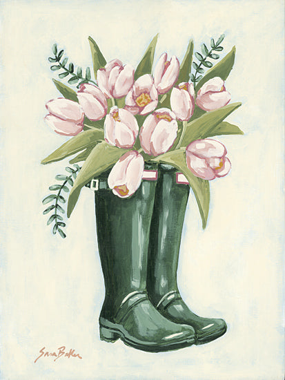 Sara Baker BAKE362 - BAKE362 - Tulips in Rainboots 1 - 12x16 tulips, pink flowers, green boots, gardening, whimsical, floral arrangement from Penny Lane