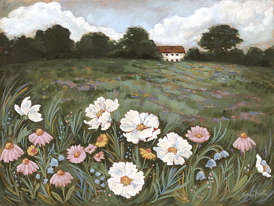 Sara Baker BAKE364 - BAKE364 - Wildflower Meadow - 16x12 wildflowers, spring meadow, colorful blossoms, green field, cottage in distance, floral painting, vibrant nature from Penny Lane