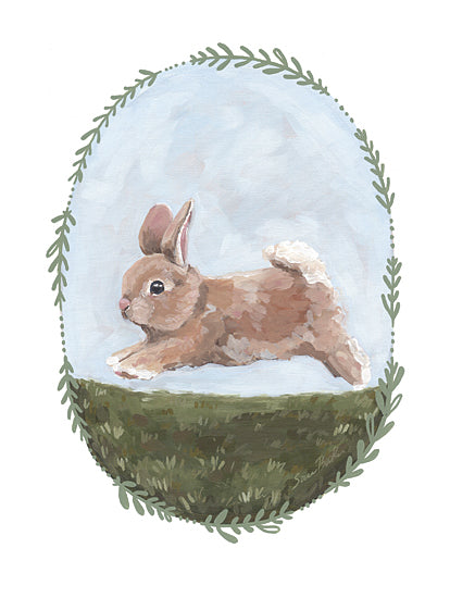 Sara Baker BAKE391 - BAKE391 - The Goodness of Spring IV   - 12x16 brown bunny, spring grass, oval floral frame, playful rabbit, Easter animal, jumping bunny, farm pet art from Penny Lane