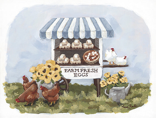 Sara Baker BAKE394 - BAKE394 - Farm Fresh Egg Stand - 16x12 farm fresh eggs stand, egg cart, market stall, striped awning, eggs in cartons, chickens, roosters, springtime, yellow flowers, watering can, rustic farm, country decor, whimsical folk art, hand painted, soft pastel background, modern farmhouse kitchen, farm market sign from Penny Lane