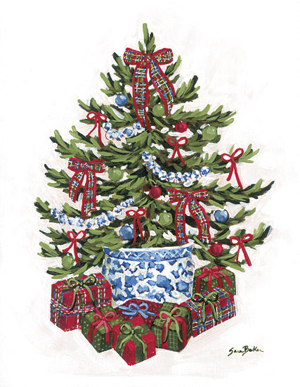 Sara Baker BAKE400 - BAKE400 - Christmas Tree in Chinoiserie - 12x16 Christmas tree, presents, ornaments, plaid ribbons, blue planter, holiday decor, festive, holiday season, evergreen tree, red and green, Christmas celebration from Penny Lane