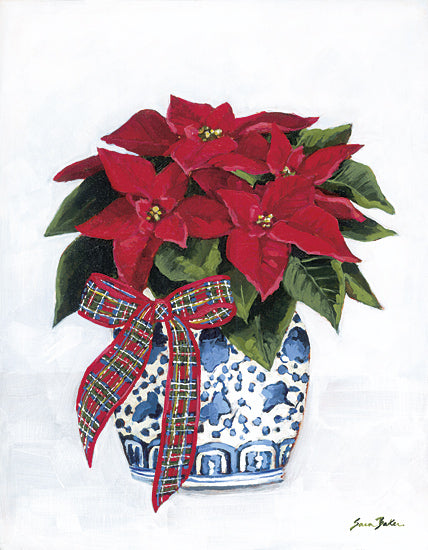 Sara Baker BAKE401 - BAKE401 - Poinsettia in Chinoiserie - 12x16 poinsettia, red flowers, Christmas floral, holiday arrangement, festive decor, plaid ribbon, blue ceramic pot, holiday season, still life, indoor plant from Penny Lane
