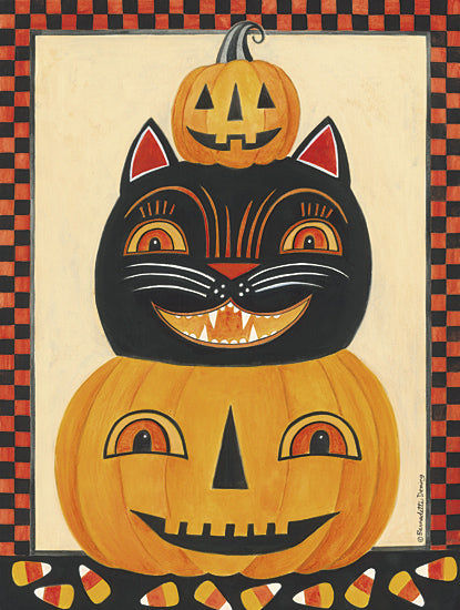 Bernadette Deming BER1498 - BER1498 - Cat and Jack O'lanterns Stack - 12x16 Stacked pumpkins and black cat, Halloween illustration, festive red and black checker pattern, smiling faces, folk Halloween theme from Penny Lane