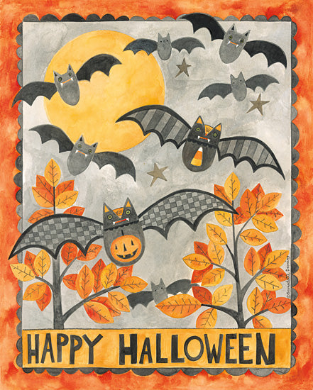 Bernadette Deming BER1512 - BER1512 - Batty Happy Halloween - 12x16 happy halloween sign, flying bats, full moon, orange foliage, whimsical spooky illustration, folk art design, festive seasonal typography, playful holiday poster from Penny Lane