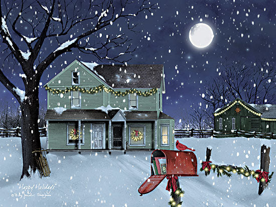 Billy Jacobs BJ1388 - BJ1388 - Happy Holidays - 16x12 Christmas house, snow, mailbox, cardinal, wreath, garland, glowing lights, winter holiday, festive night from Penny Lane