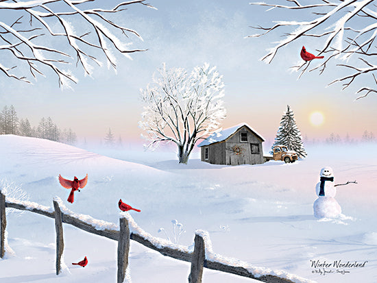 Billy Jacobs BJ1390 - BJ1390 - Winter Wonderland - 16x12 winter scene, snowman, cardinals, frosted trees, sunset sky, rural barn, snow-covered landscape from Penny Lane
