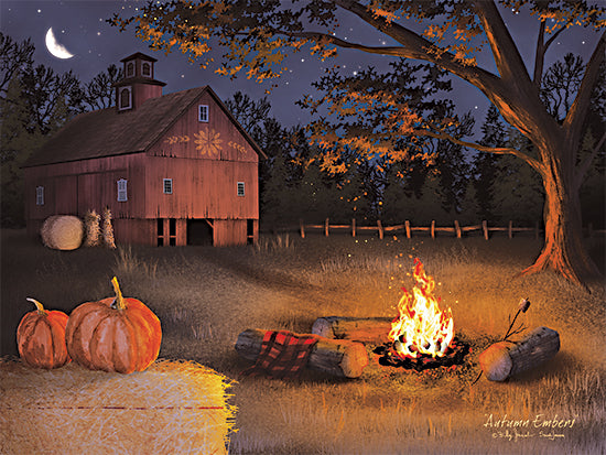 Billy Jacobs BJ1399 - BJ1399 - Autumn Embers - 16x12 Fall, Autumn, Farm, House, Barn, Trees, Leaves, Pumpkins, Haybales, Fire, Logs, Flames, Blanket, Fire Circle, Roasting Marshmallows, Nighttime, Folkart, Autumn Embers from Penny Lane