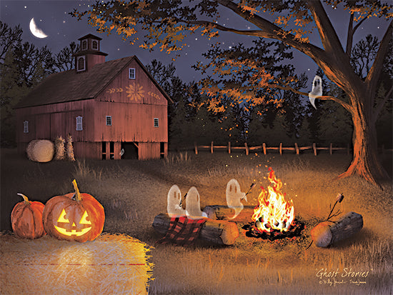 Billy Jacobs BJ1400 - BJ1400 - Ghost Stories - 16x12 Fall, Autumn, Farm, House, Barn, Trees, Leaves, Pumpkins, Haybales, Fire, Logs, Flames, Blanket, Fire Circle, Roasting Marshmallows, Nighttime, Ghosts, Jack O'Lantern, Folkart, Ghost Stories from Penny Lane