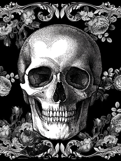 Bluebird Barn BLUE550 - BLUE550 - Halloween Skull - 12x16 human skull, vintage etching, gothic flowers, Halloween theme, anatomical drawing, eerie artwork, skeleton head, monochrome, classic horror aesthetic from Penny Lane