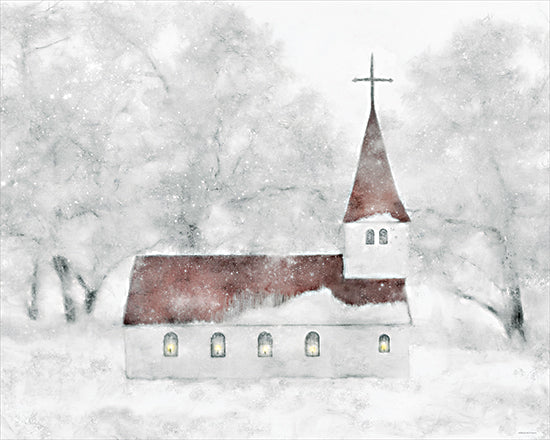 Bluebird Barn BLUE570 - BLUE570 - Winter Church - 16x12 snowy church, winter scene, steeple with cross, snow-covered trees, glowing windows, peaceful holiday, traditional church architecture, red roof, serene landscape, soft snowfall from Penny Lane