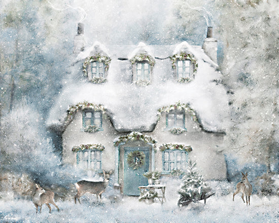 Bluebird Barn BLUE571 - BLUE571 - Winter Country Cottage - 16x12 snow-covered cottage, blue door, deer in snow, forest background, holiday wreaths, peaceful winter home, cozy atmosphere, snowy trees, garland decorations, wildlife in snow from Penny Lane
