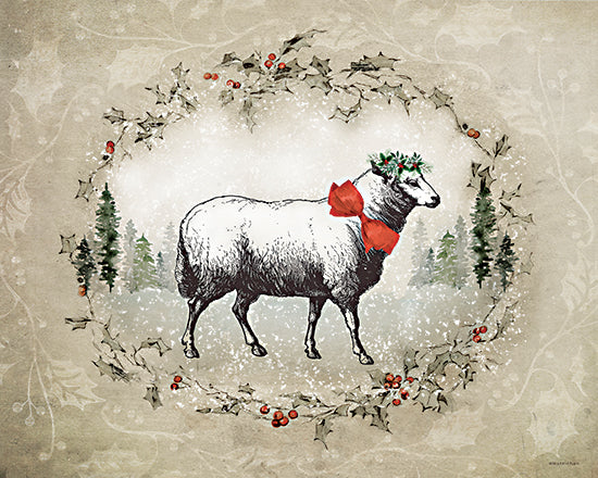 Bluebird Barn BLUE579 - BLUE579 - Christmas Sheep - 16x12 sheep with red bow, holiday wreath, snowy landscape, christmas sheep, festive farm animal, green trees, illustrated scene, gentle winter design from Penny Lane