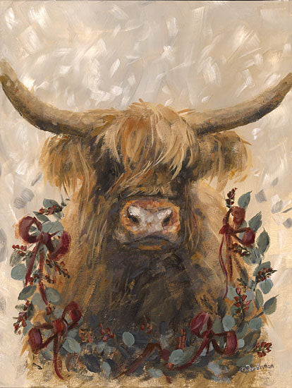 Pam Britton BR611 - BR611 - Holiday Highland Cow   - 12x16 highland cow painting, rustic cow art, farm animal portrait, western farmhouse decor, festive cow with garland, rustic country art from Penny Lane