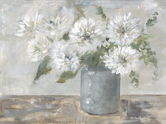 Pam Britton BR656 - BR656 - Pretty Neutrals - 16x12 soft white floral still life, white chrysanthemum bouquet, pale blue-gray glass vase, neutral background, painterly flowers, cottage style floral art, airy petals, muted palette, tabletop still life, romantic farmhouse decor, light and delicate brushwork, elegant bloom arrangement from Penny Lane