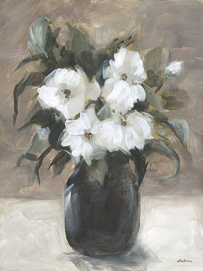 Pam Britton BR678 - BR678 - Moonlight in a Vase - 12x16 white blossom bouquet, dark brown vase, painterly floral still life, loose brushwork, neutral taupe background, elegant white petals, farmhouse floral decor, soft dramatic lighting, rustic tabletop arrangement, creamy blooms, classic flower study, muted romantic palette from Penny Lane