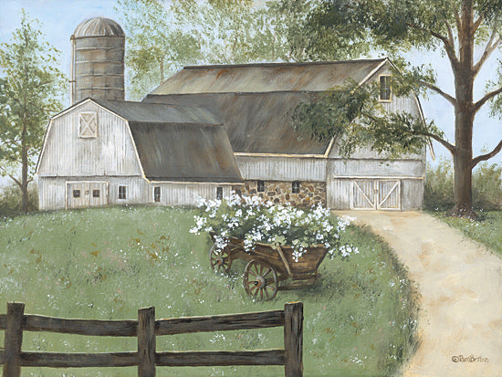 Pam Britton BR681 - BR681 - Summer Blooms at the Barn - 16x12 white barn with silo, wagon of white flowers, split rail fence, farm driveway, rustic homestead, country barn scene, farmhouse landscape, green pasture, spring florals, soft vintage farm art, pastoral rural architecture, painterly Americana from Penny Lane