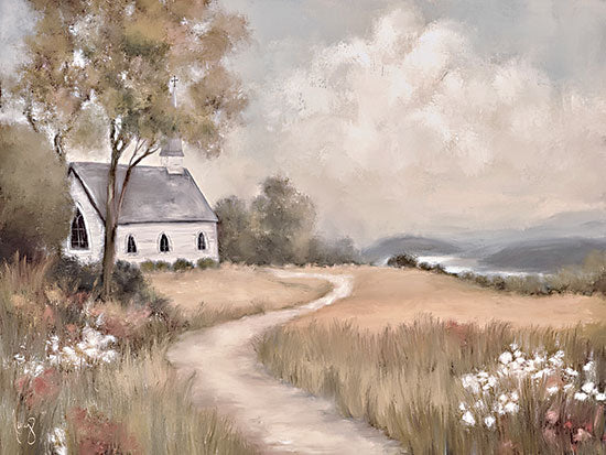 Ashley Bradley BRAD100 - BRAD100 - Reverent Views - 16x12 small white church by path, misty countryside landscape, winding trail, meadow grasses, distant water view, soft neutral sky, peaceful faith-inspired scene, rural chapel, serene pastoral atmosphere, muted tones, painterly devotional landscape, tranquil morning light from Penny Lane