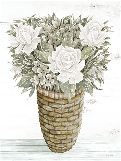 Cindy Jacobs CIN2729 - CIN2729 - Rose Basket - 12x16 white roses, green leaves, woven basket, floral bouquet, rustic texture, farmhouse style, still life flowers, watercolor botanical, vintage greens, decorative art from Penny Lane