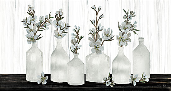 Cindy Jacobs CIN2820 - CIN2820 - Bottle Collage     - 30x16 Glass bottles, white flowers, minimal decor, farmhouse style, rustic wood, soft tones, elegant arrangement, floral art from Penny Lane