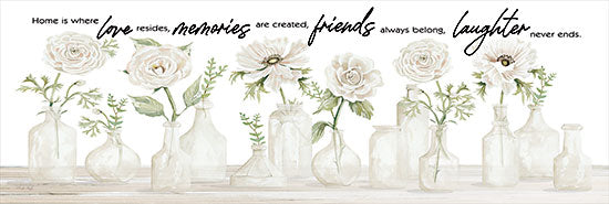 Cindy Jacobs CIN2840 - CIN2840 - Home is Where Love Resides - 36x12 Floral typography, inspirational quote, white roses, farmhouse glass bottles, home and love, watercolor style, light aesthetic from Penny Lane
