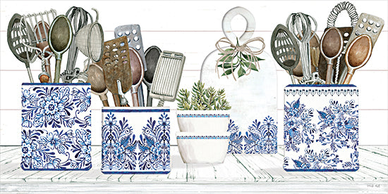 Cindy Jacobs CIN3860 - CIN3860 - Kitchen Heirlooms II - 18x9 vintage kitchen utensils, blue floral containers, white bowls, succulents, rustic kitchen decor, watercolor kitchenware, farmhouse style, blue and white pottery, shelf art from Penny Lane
